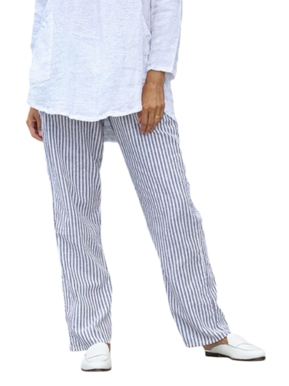 Goddess Gear Navy & White Striped Linen Cotton Blend Drawstring Beach Pants